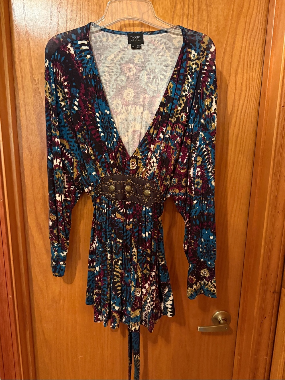 Nicole by Nicole Miller Multicolor Boho V-Neck Tunic in Teal & Burgundy XL